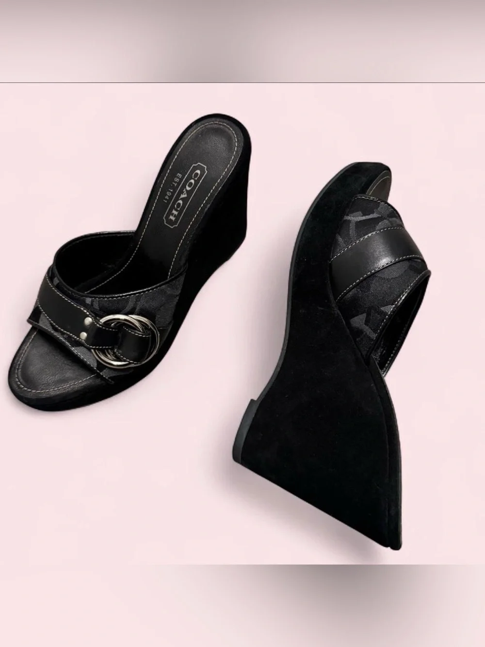 Coach Black Suede Wedge Slide Sandals with Buckle Detail